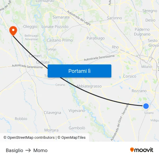 Basiglio to Momo map