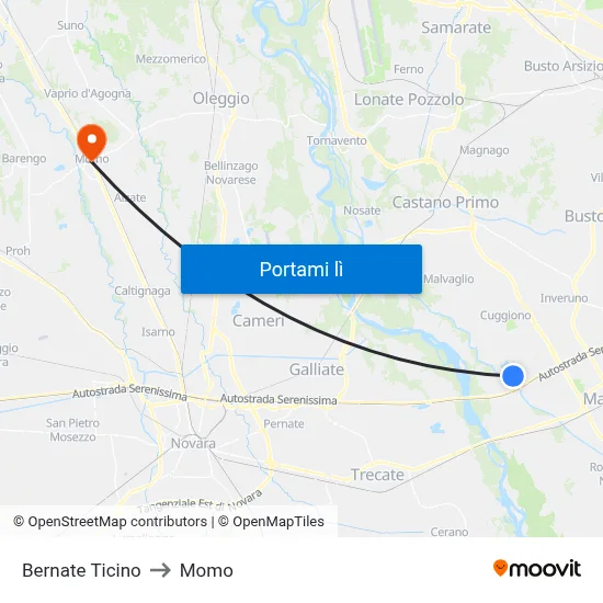 Bernate Ticino to Momo map