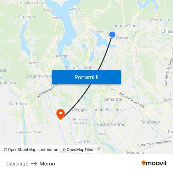 Casciago to Momo map
