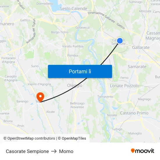 Casorate Sempione to Momo map