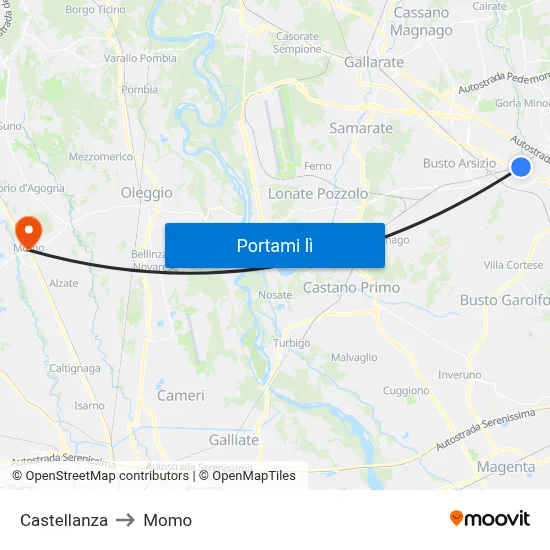 Castellanza to Momo map
