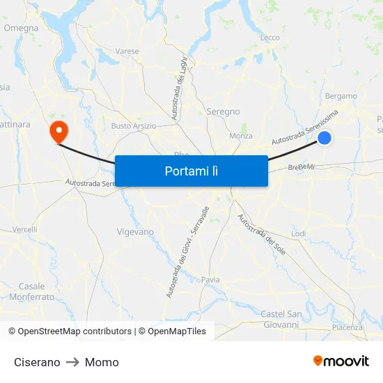 Ciserano to Momo map