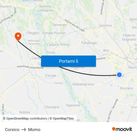 Corsico to Momo map