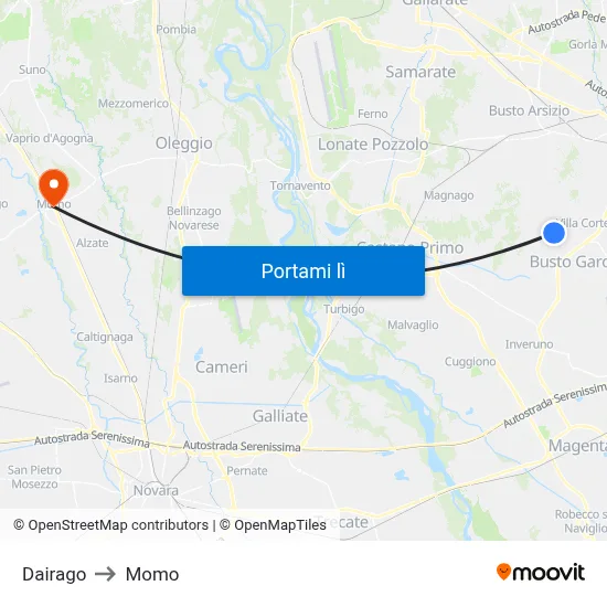 Dairago to Momo map