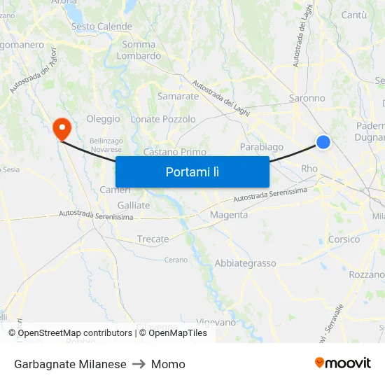 Garbagnate Milanese to Momo map