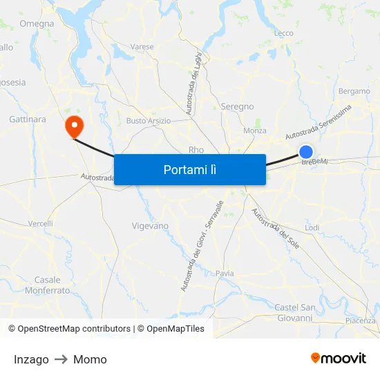 Inzago to Momo map