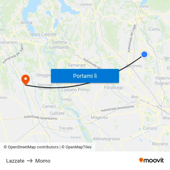 Lazzate to Momo map