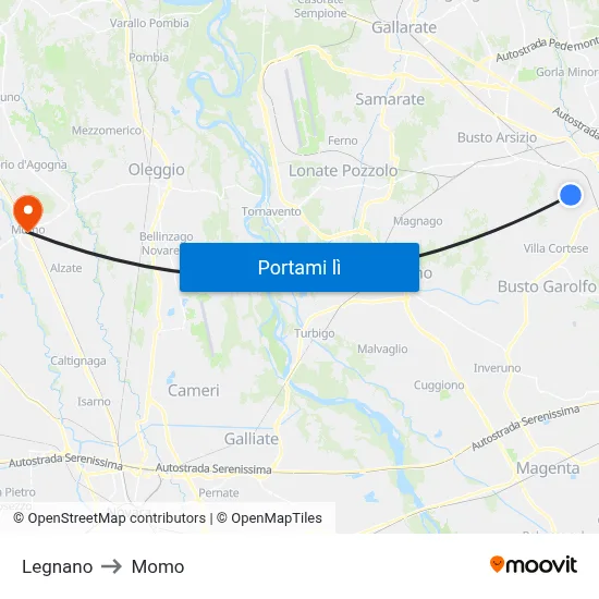 Legnano to Momo map