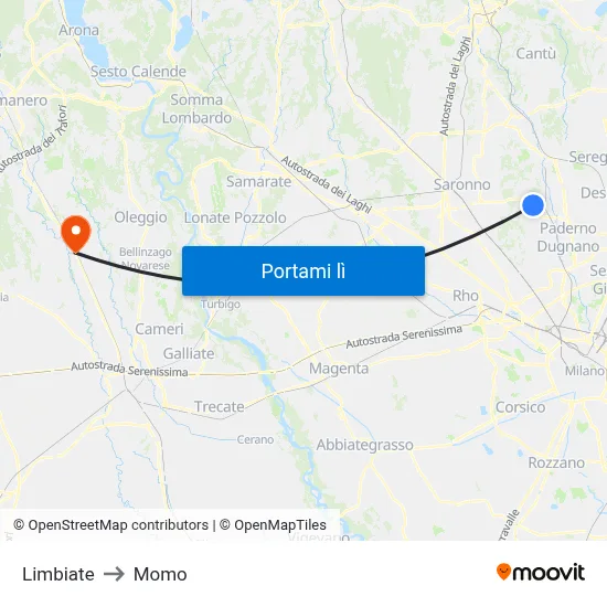 Limbiate to Momo map