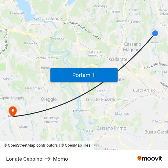 Lonate Ceppino to Momo map