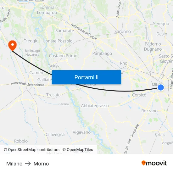 Milano to Momo map