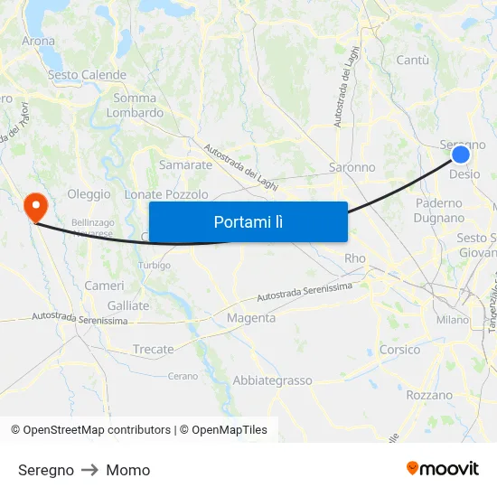 Seregno to Momo map