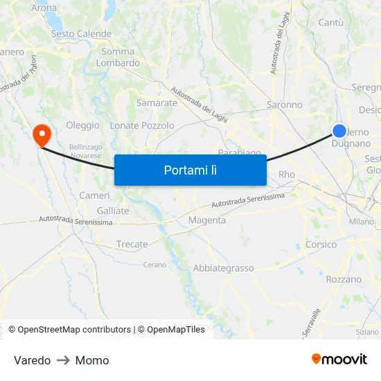 Varedo to Momo map