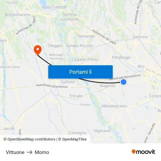 Vittuone to Momo map