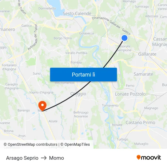 Arsago Seprio to Momo map