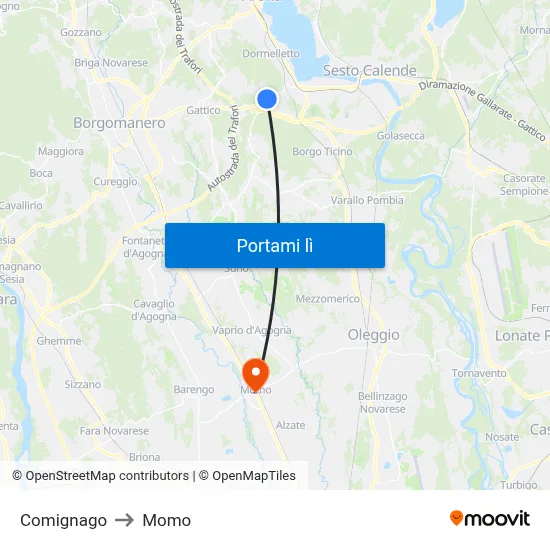 Comignago to Momo map