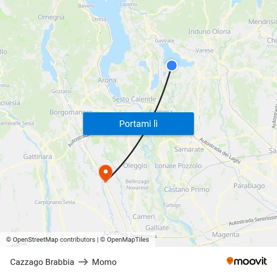 Cazzago Brabbia to Momo map