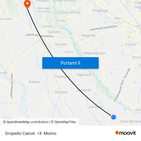 Gropello Cairoli to Momo map