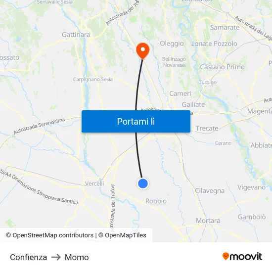 Confienza to Momo map