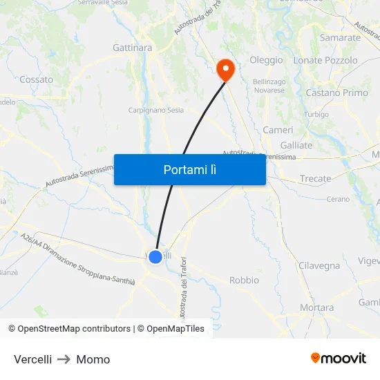 Vercelli to Momo map