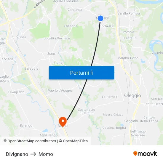 Divignano to Momo map