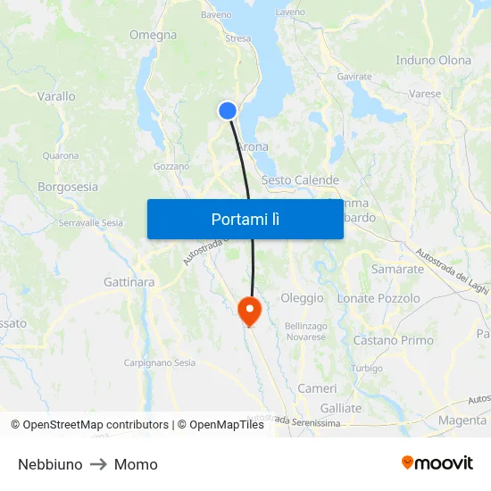 Nebbiuno to Momo map