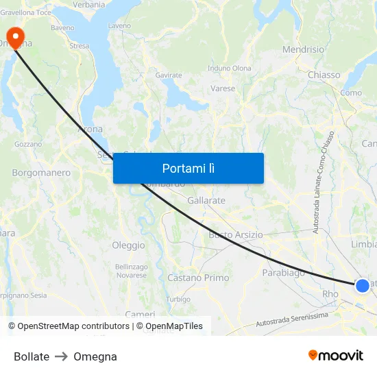 Bollate to Omegna map