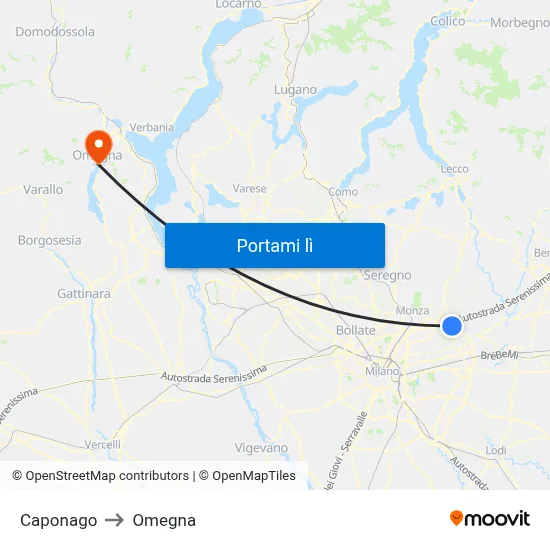 Caponago to Omegna map