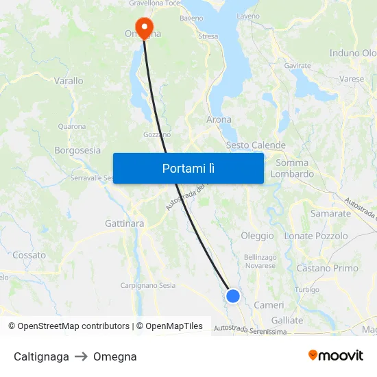 Caltignaga to Omegna map