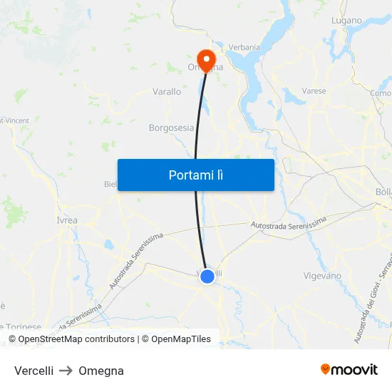 Vercelli to Omegna map