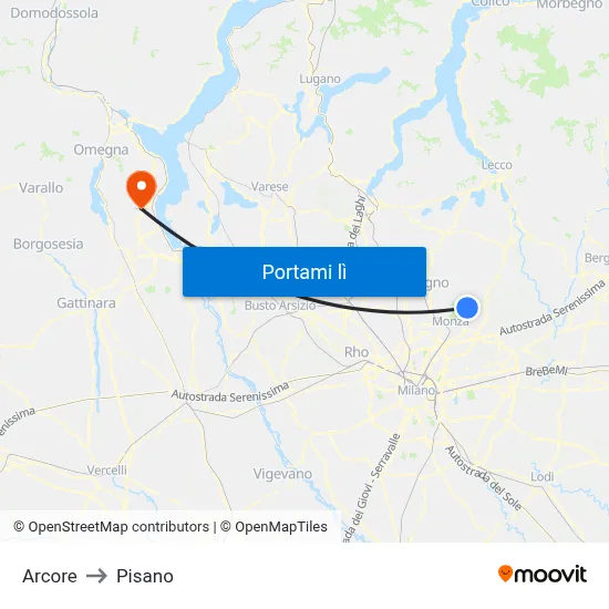 Arcore to Pisano map