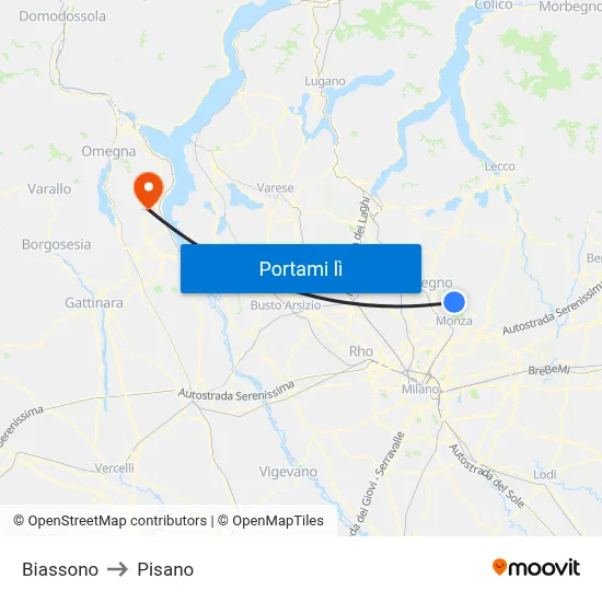 Biassono to Pisano map