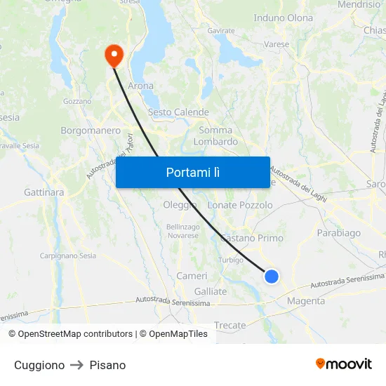 Cuggiono to Pisano map