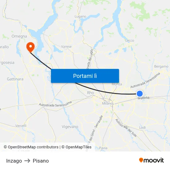 Inzago to Pisano map