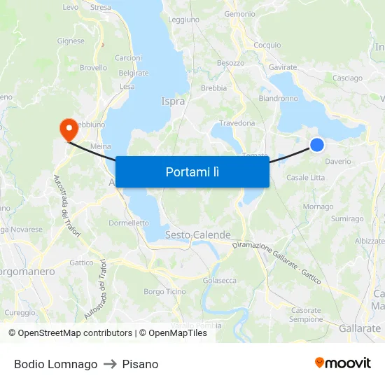 Bodio Lomnago to Pisano map