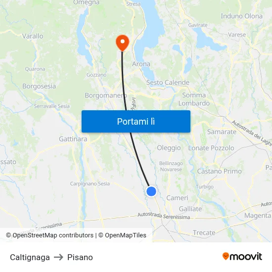 Caltignaga to Pisano map