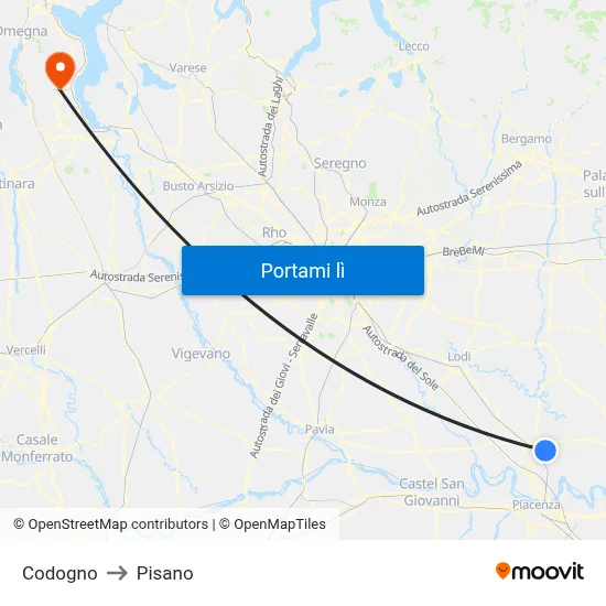 Codogno to Pisano map