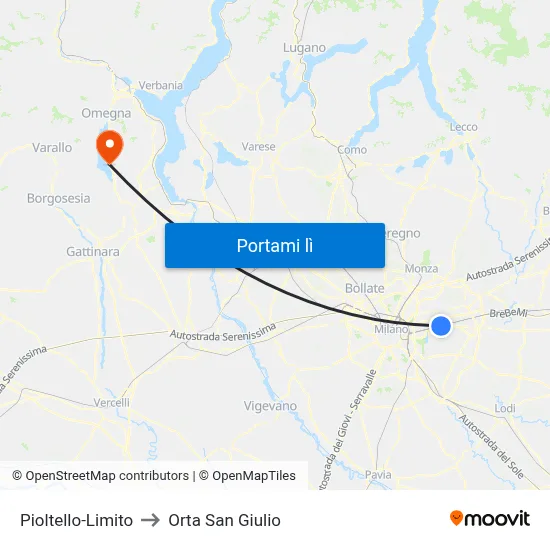 Pioltello-Limito to Orta San Giulio map