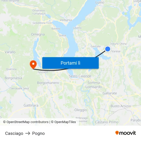 Casciago to Pogno map