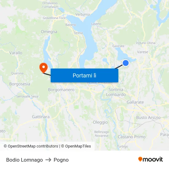 Bodio Lomnago to Pogno map