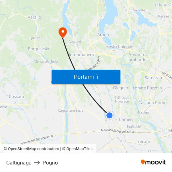 Caltignaga to Pogno map
