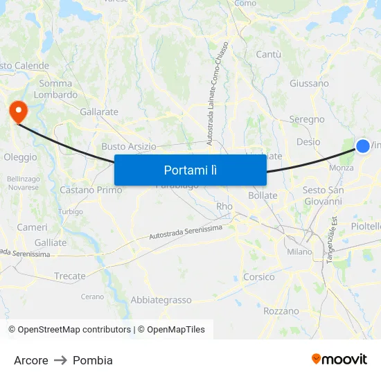 Arcore to Pombia map