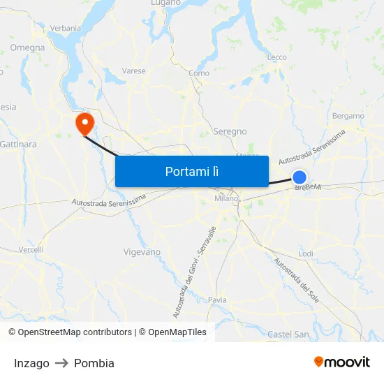Inzago to Pombia map