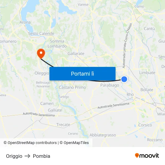 Origgio to Pombia map