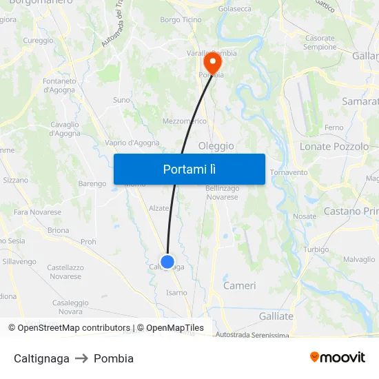Caltignaga to Pombia map