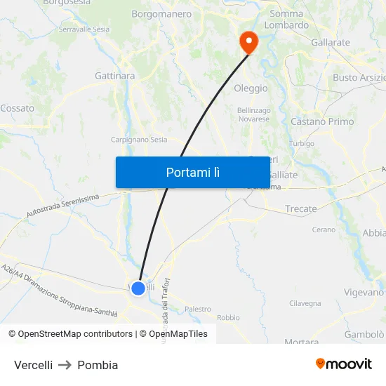 Vercelli to Pombia map