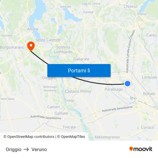 Origgio to Veruno map