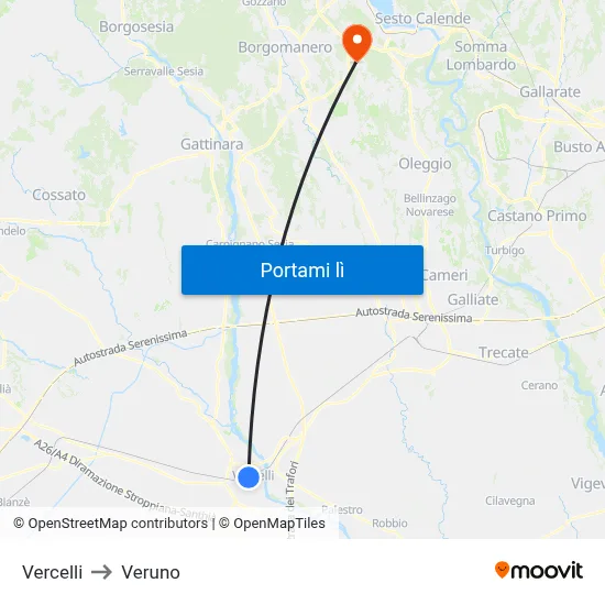 Vercelli to Veruno map