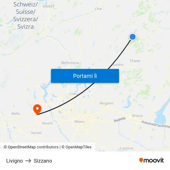 Livigno to Sizzano map