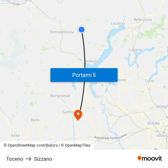 Toceno to Sizzano map